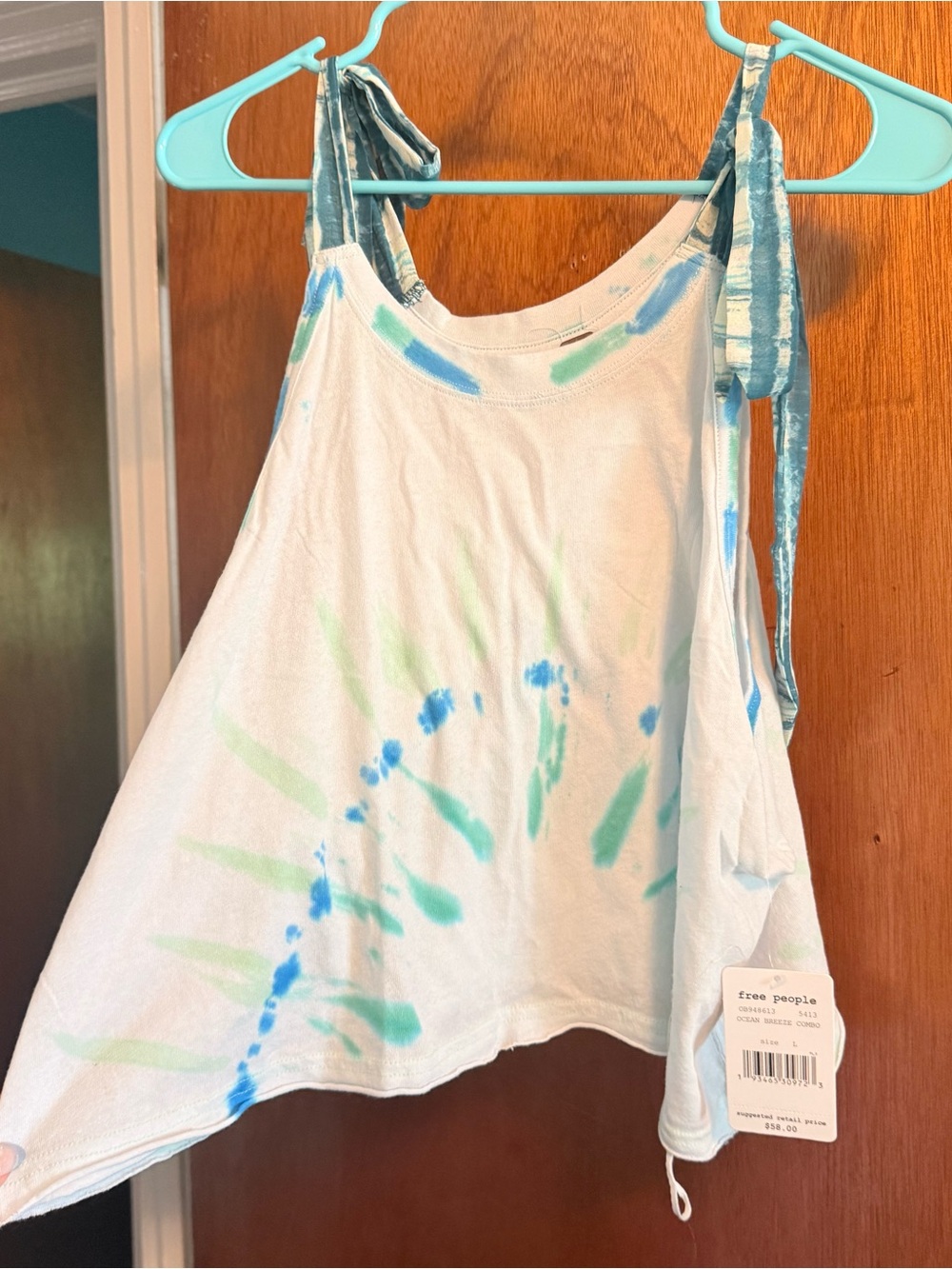 Free People Tie-Shoulder Camisole in White, Blue & Green Tie-Dye